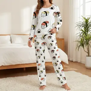 Women's White Cat Sushi Print Pajama Set, Soft Long Sleeve Top & Pants, Cute Kawaii Sleepwear for Women & Teens, Comfy Two-Piece Loungewear