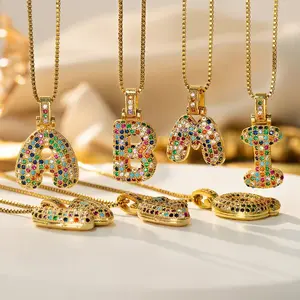 14K Gold Plated Cubic Zirconia Bubble Letter Initial Necklaces for Women | Gold Balloon Necklace Letter | Chunky Pendant Necklaces