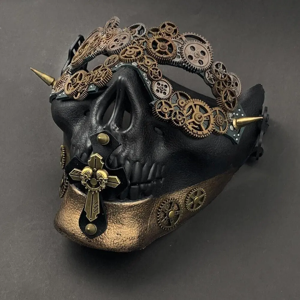Men Steampunk Skeletal Retro Gears Half Masquerade Skull Mask Custome Cosplay Black