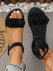 Women's Velvet Flower Flat Sandals, Elegant 3D Floral Design, Casual Party Outdoors, Versatile Dating Shoes