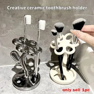 Ceramic Toothbrush Holder, Multifunctional Storage Organizer for Toothbrushes & Makeup Brushes, Creative Flower-Shaped Toothbrush Stand for Bathroom, Bathroom Accessory