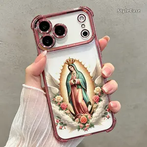 Virgin Mary Faith Phone Case for iPhone 17 Air 16 Pro Max 15 Plus 14 13 12 11, Pink Clear TPU Soft Cover, Catholic Floral Shockproof Gift Case DDSJ260603002