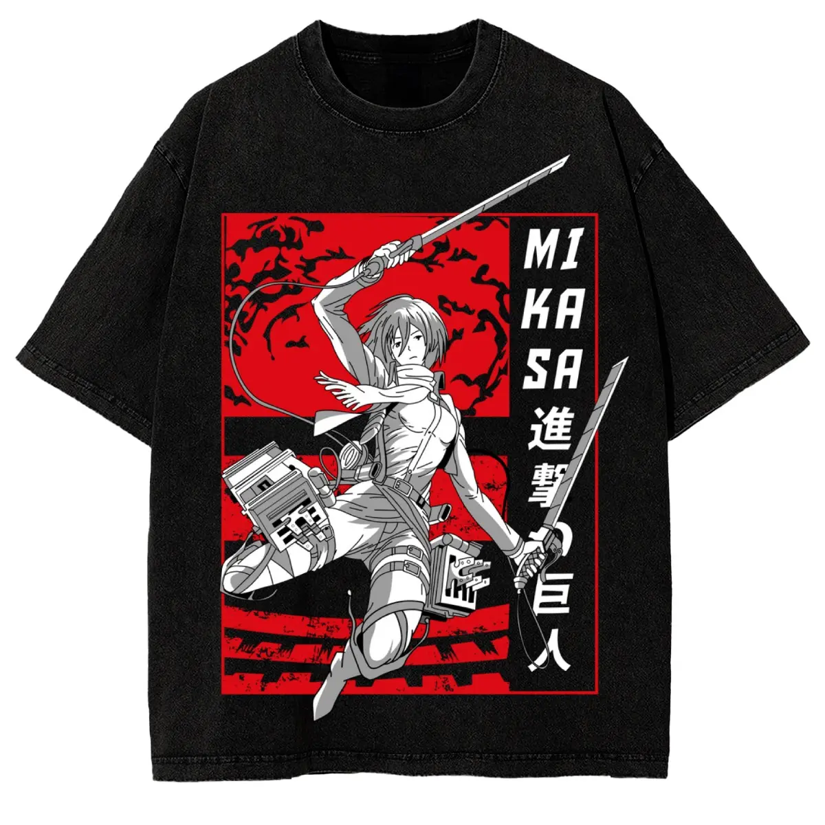 Men's Anime Graphic Washed T-Shirt, Mikasa Ackerman Survey Corps Streetwear Tee, Casual Unisex Short Sleeve Shirt