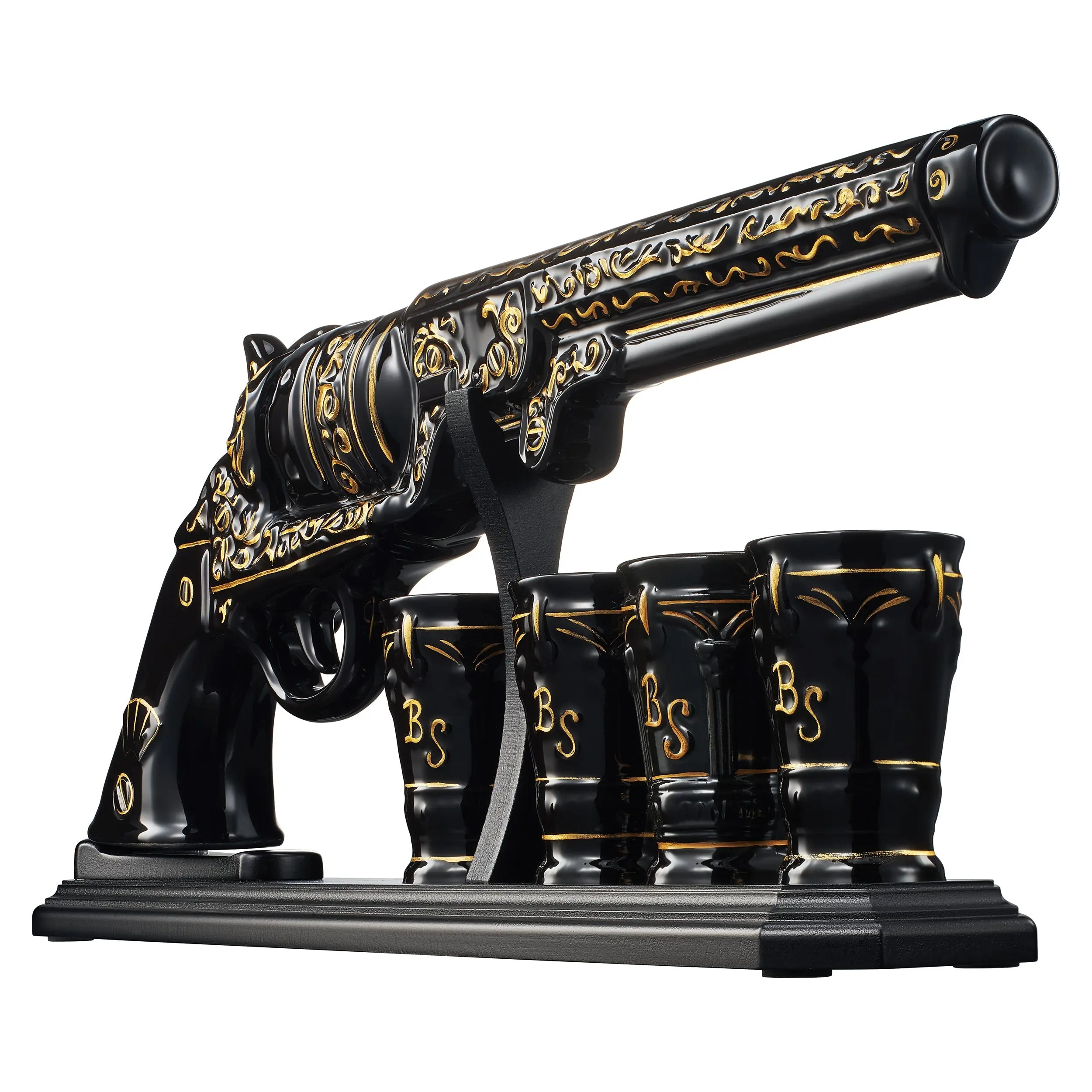 Luxury Black and Gold Pistol Decanter Set & 4 Shot Glasses – Whiskey Decanter for Liquor, Scotch, Bourbon, Vodka – Stylish Barware Gift Set for Men, Brother, Son, Dad, Him, Home Bar for any Occasions