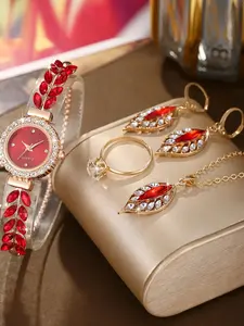 4-piece set of diamond studded leaf round women's watch with simple dial and freely adjustable gift watch
