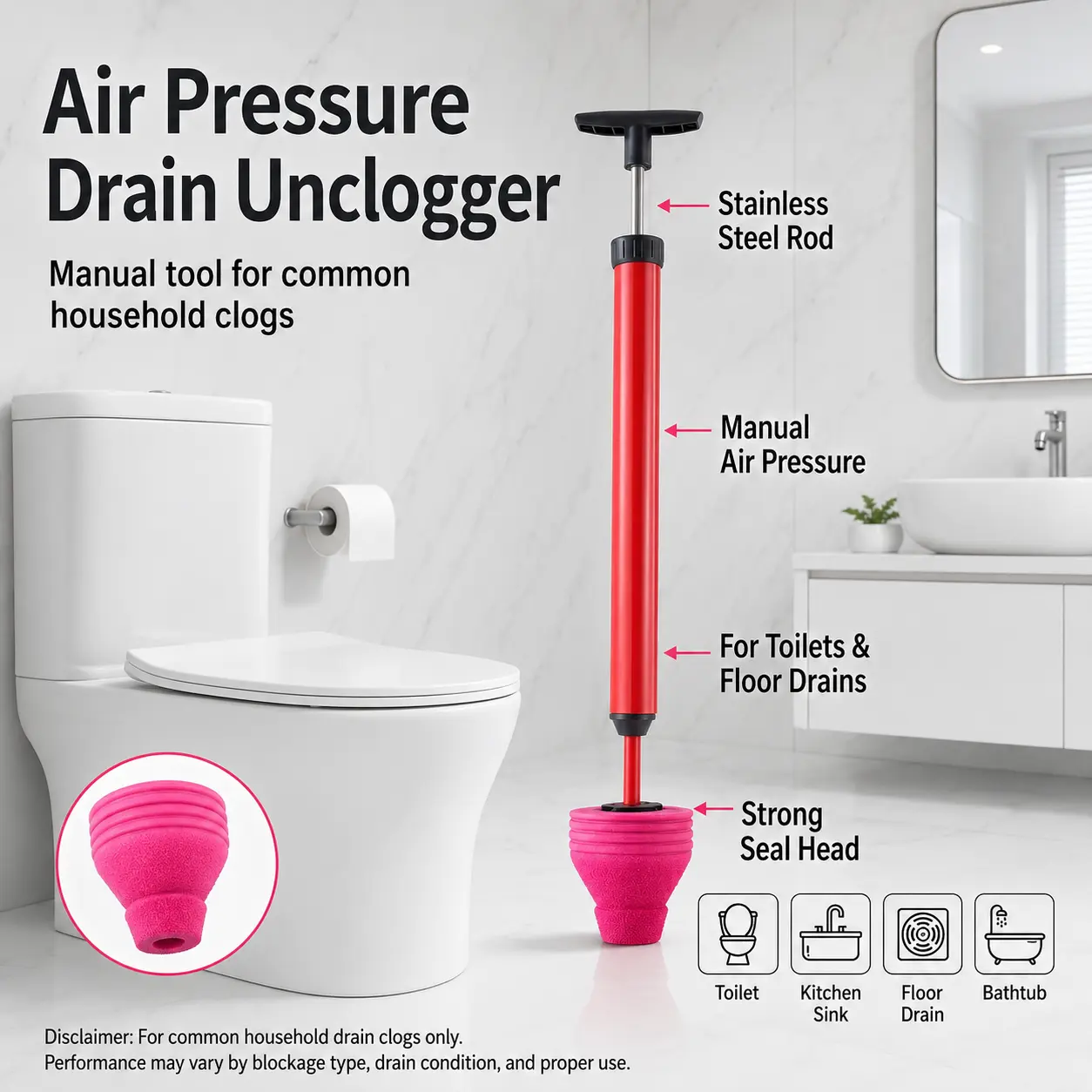 2026 Upgraded Pipe Clog Remover - 99% Success Rate, Clears Toilets, Bathtubs, Sinks, Showers, Floor Drains, Ideal for Everyday Drain Emergencies (Home & Bathroom Supplies), Clears Toilets, Sinks, Showers, Floor Drains
