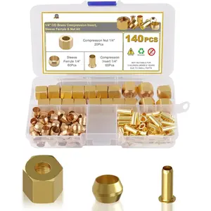 140-Count Brass Compression Fittings Assortment Kit - 1/4" Sleeve Ferrules, Inserts & Nuts for Copper Tubing Pipe, Tube Kit (Air, Water Lines), Fittings Copper Tubing Pipe, Tube Kit Pipe Fittings