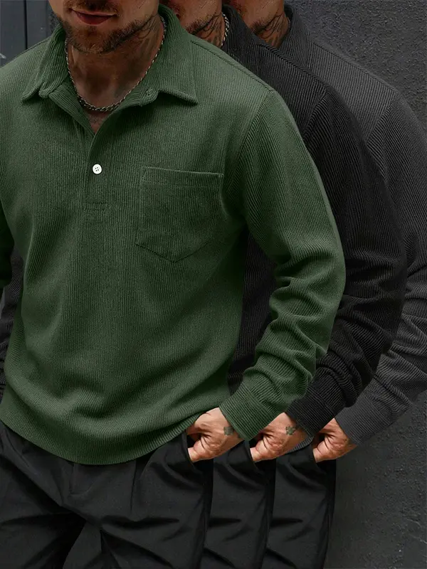 Men’s 3-pack corduroy long-sleeve polo shirts for spring/autumn, available in multiple colors; casual everyday wear, comfortable loose fit, versatile top for commuting.