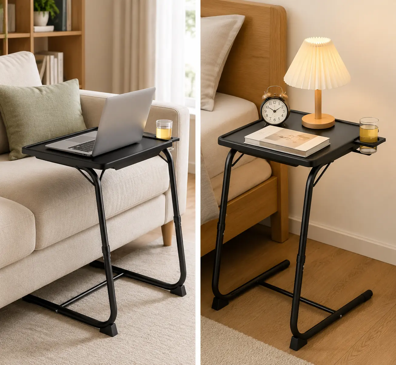 Adjustable TV table with cup holder, 20.4 x 15.7inch TV tray for bed and sofa, extra-large comfortable folding table, sofa laptop table, sofa laptop table with 6 height adjustments and 3 tilt angles (black)