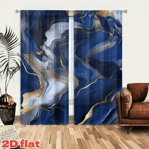 2D Flat 2Pcs Abstract Blue Gold Marble Curtain Panels, Modern Art Print Drapes for Living Room, Bedroom, Dining, Home Decor, Semi-Shade Rod Pocket Window, Privacy Protection Treatment.