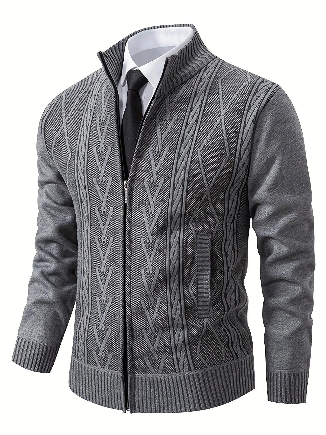 Men's Geometric Print Zipper Cable Knit Cardigan, Regular Fit Casual Long Sleeve Stand Collar Knitwear for Spring & Fall, Fashion Men's Knit Clothing