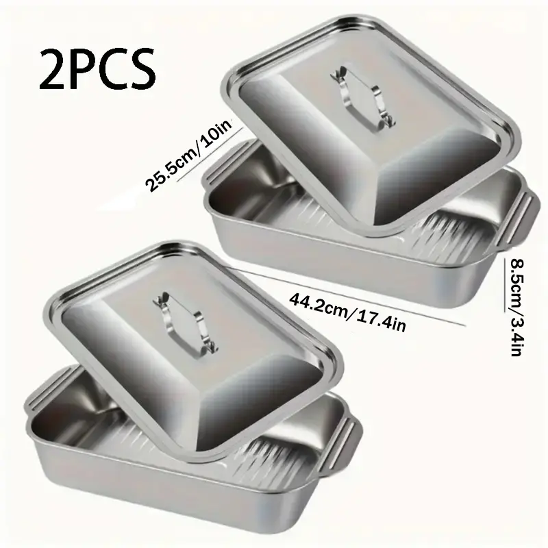 2 Sets of Stainless Steel Baking Pans with Lids - Non-stick rectangular roasting pan, versatile dessert baking dish, double-handled grill rack, seafood tray, all-in-one BBQ serving platter suitable for buffets. Features dual-handle design.