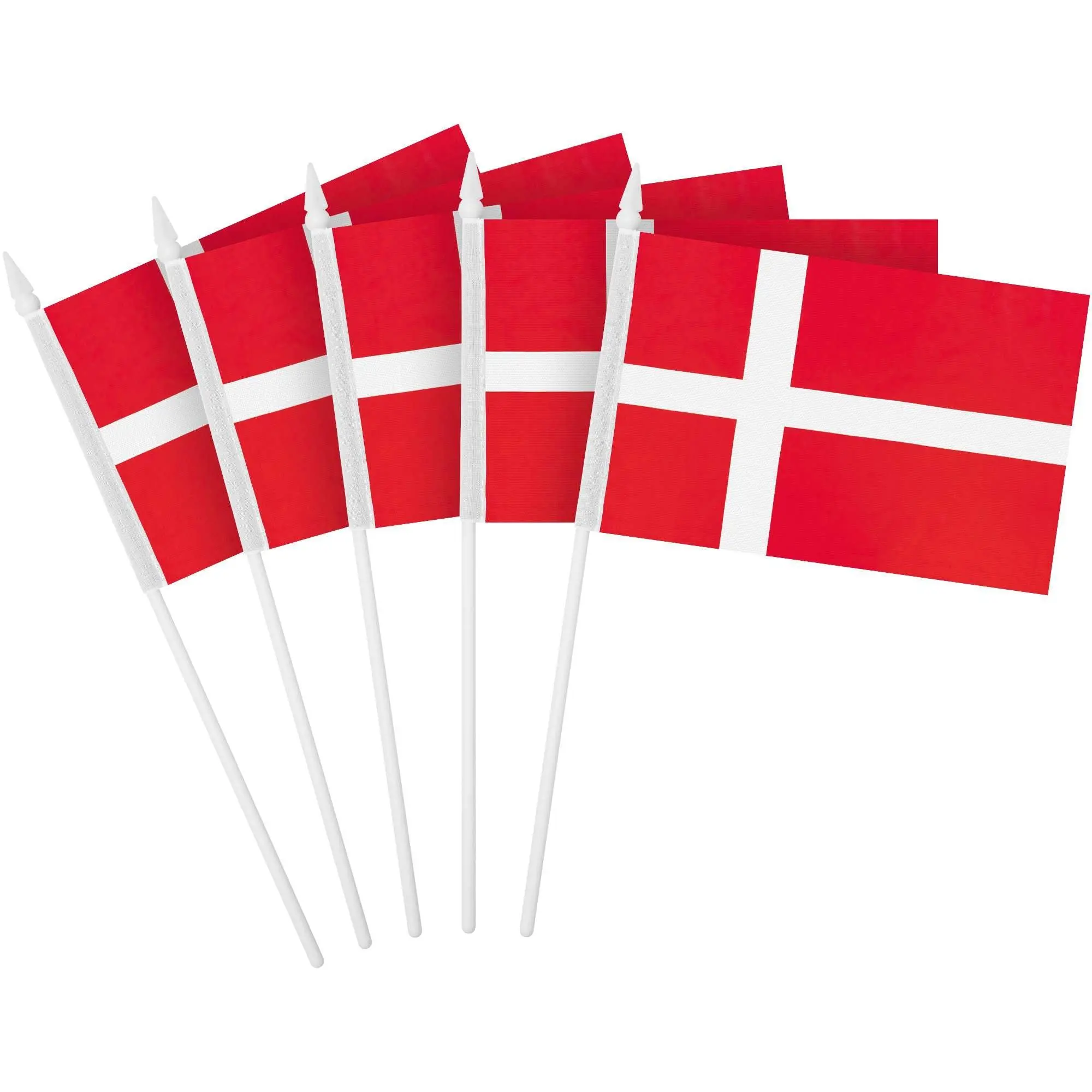 G128 10 Pack Handheld Denmark Stick Flags | 4x6 In | Printed 150D Polyester, Country Flag, Solid Plastic Stick, Spear White Tip