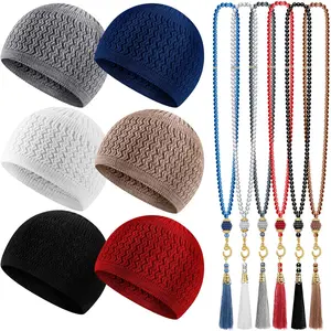 Jiuguva 12 Pieces Kufi Hats for Men Muslim and Muslim Prayer Beads Set Include 6 Handicraft Knitted Muslim Hat Stretchy Taqiyah Cap and 6 Muslim Tasbih 99 Beads Muslim Ramadan Gifts Jiuguva