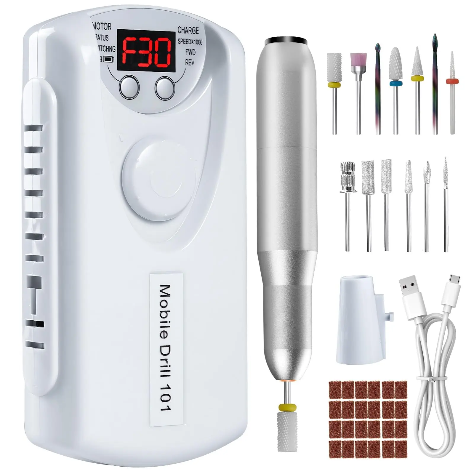Rechargeable Electric Nail Drill, Professional 35000 RPM Lightweight & Cooling Manicure Kit with 13 Bits, Adjustable Speed for Acrylic & Gel Nails