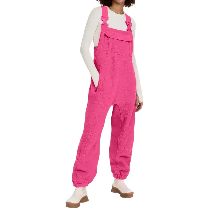 Women's Sleeveless Strappy Straps Sherpa Fleece Bib Overalls - Loose Oversized Solid Winter Full Length Jumpsuit with Patch Pockets, Casual Warm Lady Matching Activewear Sports Set