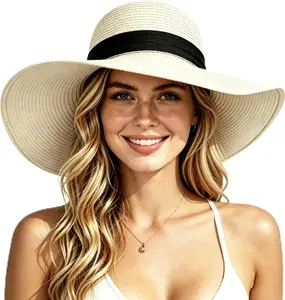 Womens Beach Sun Straw Hat Oversize Wide Brim Beach Roll up Hats Floppy Foldable Summer Hat Vacation UPF 50+