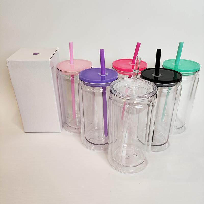 [ 4/6/8/25/50PCS ] 16 oz Plastic Snow Globe Tumbler, Pre-Drilled Double Wall Plastic Can Cold Drinks Snowglobe Cup with Lid and Straw for Snow Globe Glitter DIY Gift