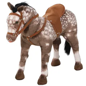 Large Brown Riding Horse Toy with Interactive Neigh Sound and Cozy Independent Saddle Soft PP Cotton Filled Body Heavy Duty Steel Frame 132 LBS for Kids 3-8 Years Ideal Home Playroom Floor Daily Play Holiday Surprise