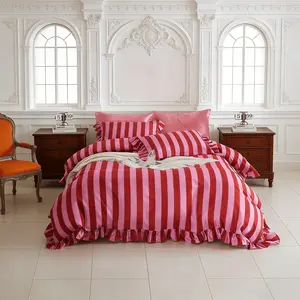 3-Piece Striped Ruffled Printed Bedding Set, Soft Comfortable Duvet Cover & Pillowcases, Ideal for Bedroom Guest Room Decor