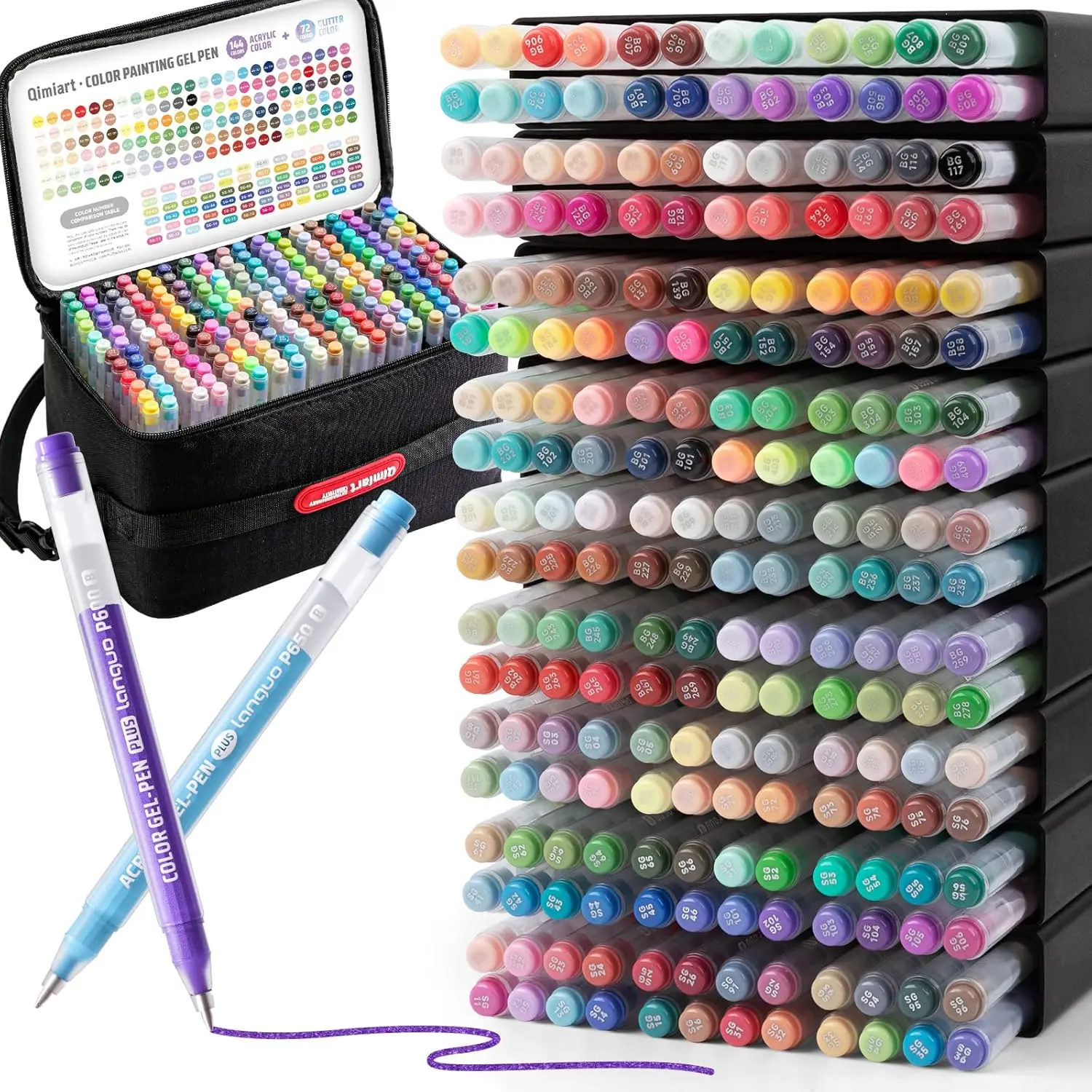 216 Pack Colored Gel Pens, 72 Pack Glitter Pens + 144 Acrylic Pens For Adults Coloring Books, 1.0mm Point Gel Pens, Large Capacity Ink Pens for Coloring, Writing, Drawing, Journaling, Note Taking