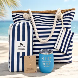 Beach Lover Gift Box Set for Women – Navy Nautical Beach Gift Idea with Large Zippered Canvas Tote Bag, Beach Towel, Blue Tumbler & Sea Turtle Beach Necklace, Gift Box Sets, Mother's Day Relaxation Gift Set