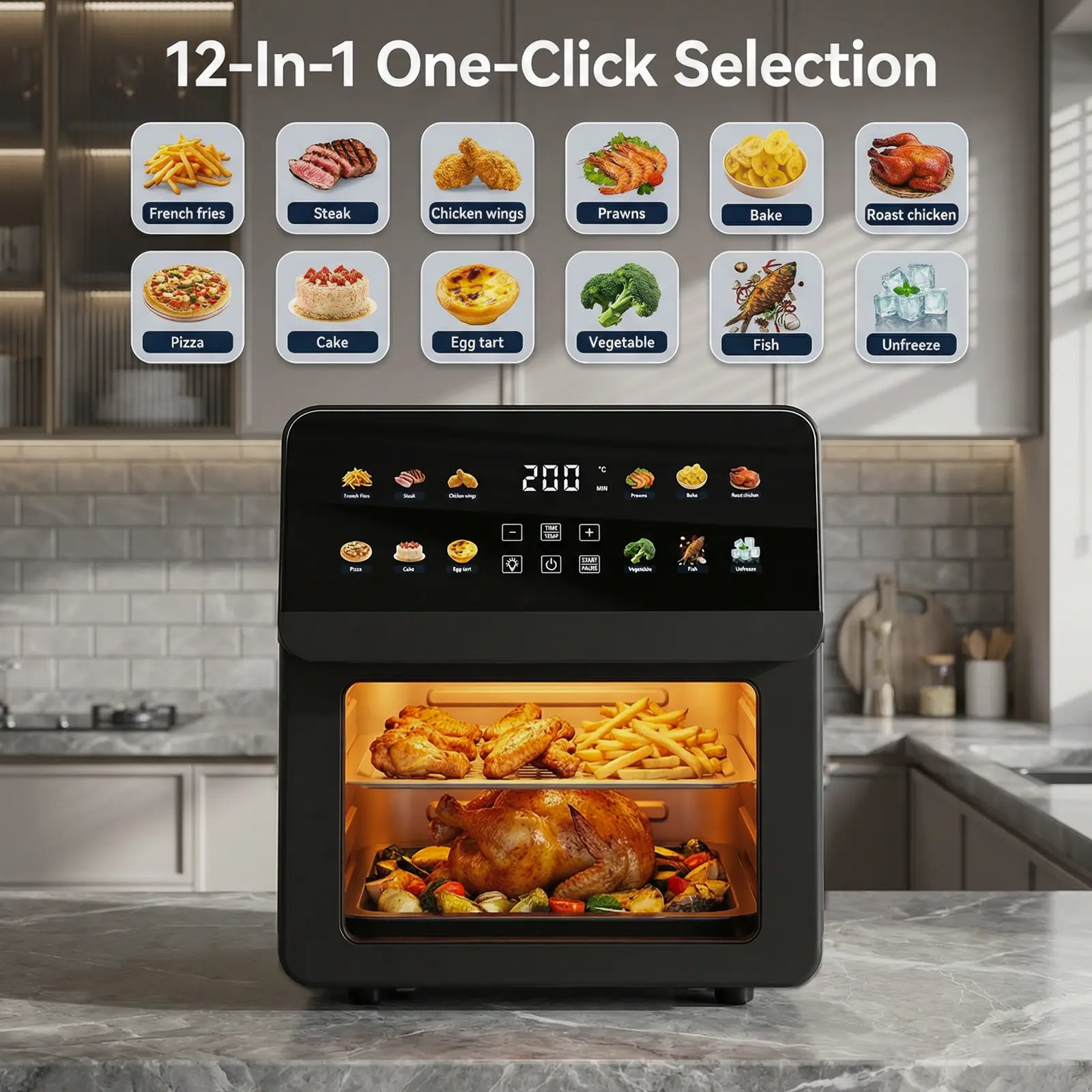 12QT Air Fryer Oven, 8-in-1 Toaster Oven Combo, Family Size, Black