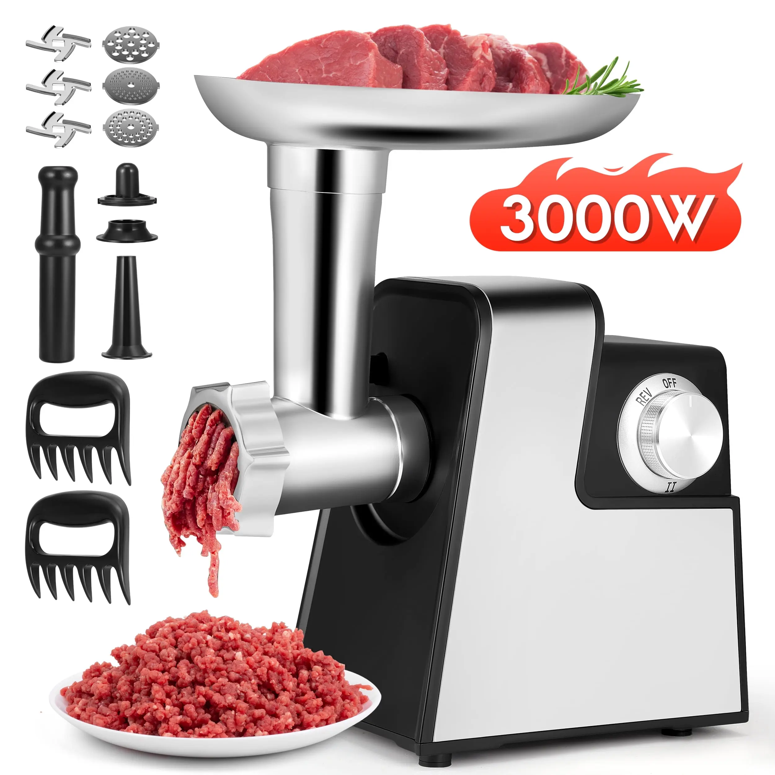 RELOIVE 3000W Electric Meat Grinder, 2-Speed Commercial/Home Use with Sausage & Kubbe Kit, Heavy-Duty, Black