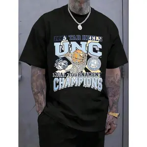 180gCamisetas Para HombreMen's Print T-Shirt - 1993 Tar Heels Unc  Tournament Champions University Of North Carolina Casual Round Neck Short Sleeve Tee For Urban Streetwear, All-Season Comfort Fit