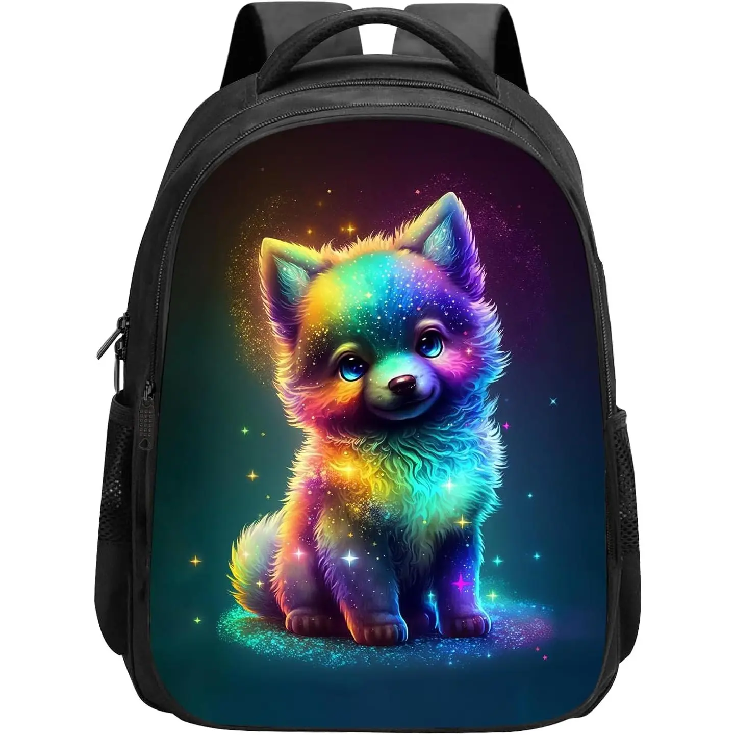 Wolf Backpack for Cute Baby Wolf Backpack Kawaii Animal Rainbow Colorful Starry Stars, 16 Inch Kindergarten Elementary Backpack for & Travel