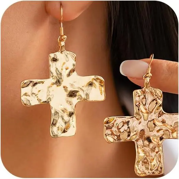 Chunky  Big Hammered Cross Drop Dangle Earrings for Women Trendy, Bold Thick Large  Cross Hook Earrings Dainty  Faith Chain
