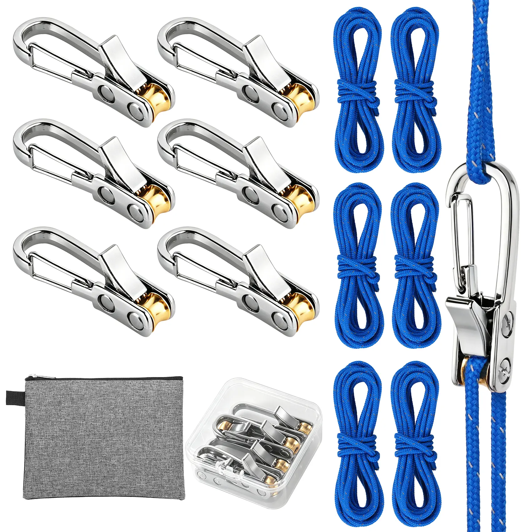 Rope Rollers 6/12 Pack, No-Knot Adjustable Tie Down Ropes With AlloyCam Buckles & Linen Texture Storage Bag,Rope Tensioners For Camping Tent, Tarp,Hammock, Cargo, Boating & Outdoor Gear
