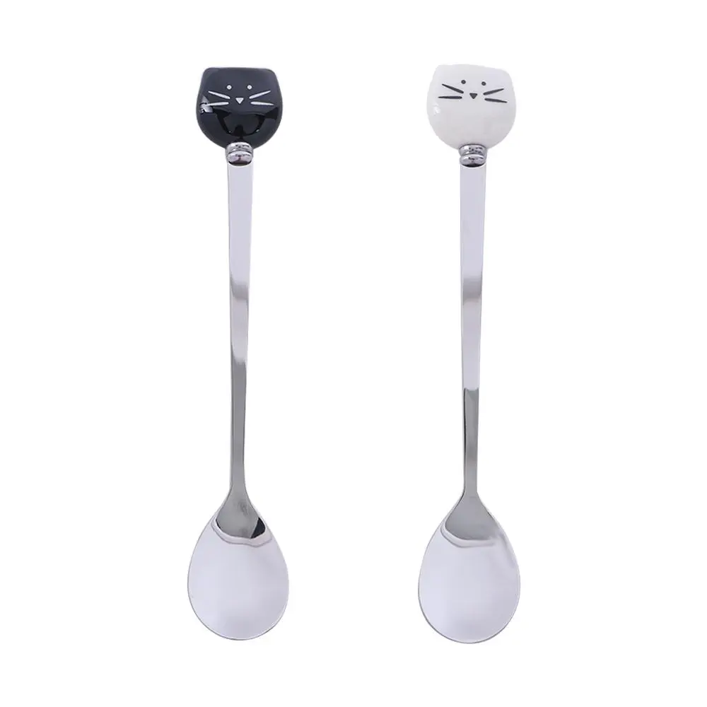 Flatware Kitchen Tools Ice Cream Cartoon Spoon Stainless Steel Long Coffee Spoon Cat Handle Ceramic Spoon Fruit Fork