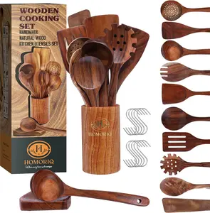 12-Piece Premium Teak Wooden Cooking Utensils Set – Heat-Resistant Spoons & Spatulas with Holder and Spoon Rest | Non-Stick Safe, Lightweight Natural Wood Kitchen Tools