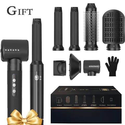 7-in-1 Ionic Powerful Hair Dryer Brush with High Speed Motor, Air Curler, Diffuser & Wrap Ends First Function - Fast Dry, Volumize, Curl, Straighten Multi-Function Hair Tool (100-120V) - Home Supplies Party Gift