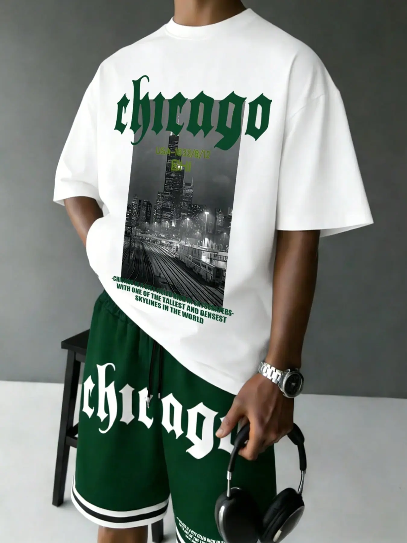 Men's Chicago City Graphic 2-Piece Set - Premium White Fitted T-Shirt & Dark Green Varsity Shorts - Classic Trendy Sporty American High-Street Outfit for Summer Travel, Streetwear & Basketball Menswear