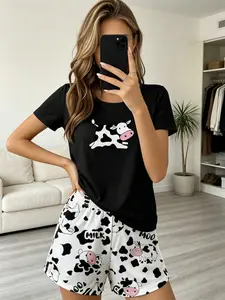 Women's High-Quality Milk Silk Pajama Set, Round Neck Short Sleeve Top & Elastic Waist Shorts, Casual Loose-Fit Home Wear, Style
