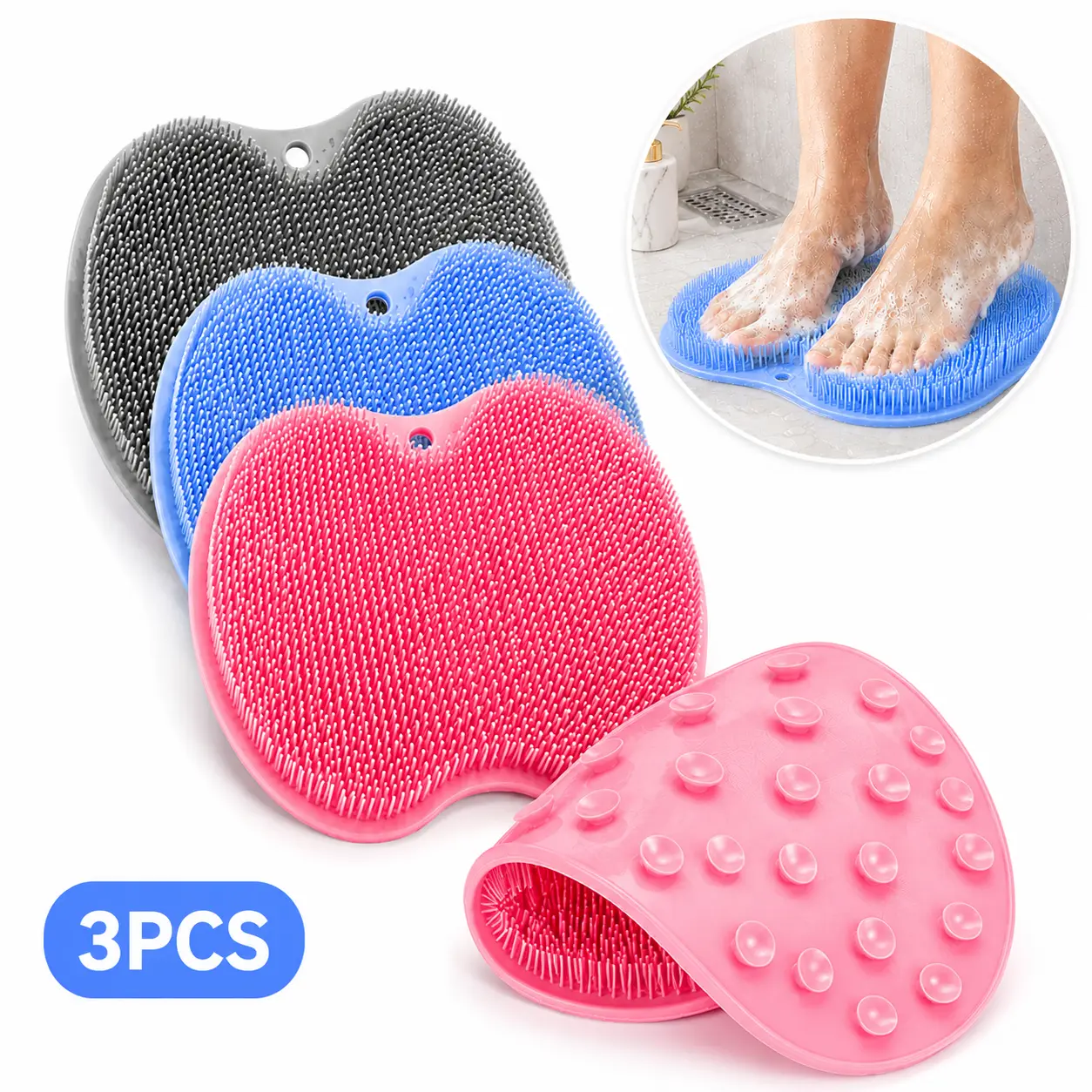 3PCS Silicone Shower Scrubber Mat, Non Slip Body Cleaning Bath Mat, Hands Free Shower Floor Scrubber for Bathroom