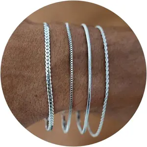 Silver Bracelet for Men Women, Mens Bracelet Stainless Steel Bracelet Stack Cuban Link Bracelet Silver Chain Bracelet Sets Mens Bracelet Pack Silver Jewelry Custom Bracelets for Men Jewelry