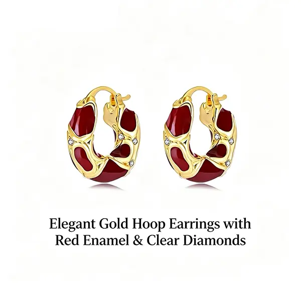 Women's Vintage French Red Enamel Hoop Earrings, 18K Gold Plated Elegant Light Luxury Costume Jewelry, 18K Gold Plated Female Vintage Statement Earrings for Fall Winter Daily Wear