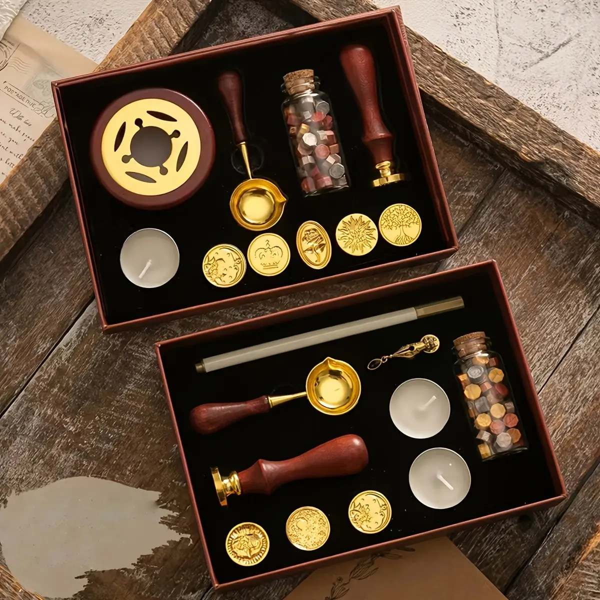 Metal-colored wax wrapping sets, with boxes, approximately 100 wax sealed beads, with rose wax sealing stamps, with wax sealing and spoons, candles, for wedding invitations, gift packaging and handmade wax sealing stamp sets