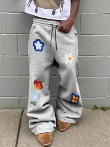 Men's Floral Drawstring Waist Flare Sweatpants, Flower Sweatpants, Graphic Sweatpants, Floral Print Sweatpants