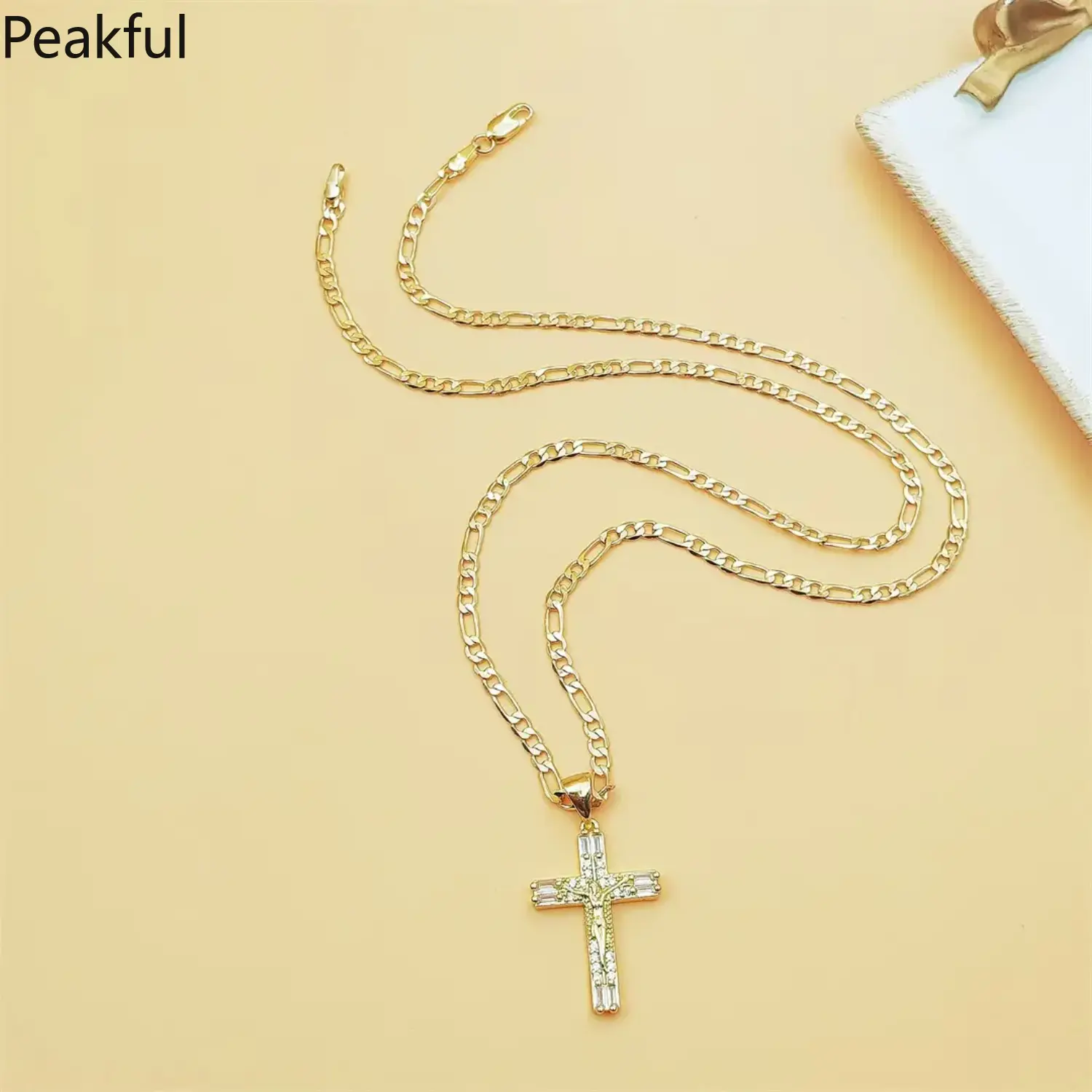 14K Gold Plated Jesus Crucifix Pendant Necklace, 23.62 Inch Copper Figaro Chain (60cm), Cubic Zirconia Inlaid Cross Necklace for Men Women Catholic Religious Jewelry