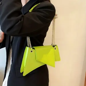 Bright Neon Green Synthetic Leather Shoulder Bag with Golden Chain Strap - Womens Stylish Zip Closure Crossbody Purse for Casual or Evening Outfits, Secure Zip Purse | Modern Minimalist Bag | Polyester Lined