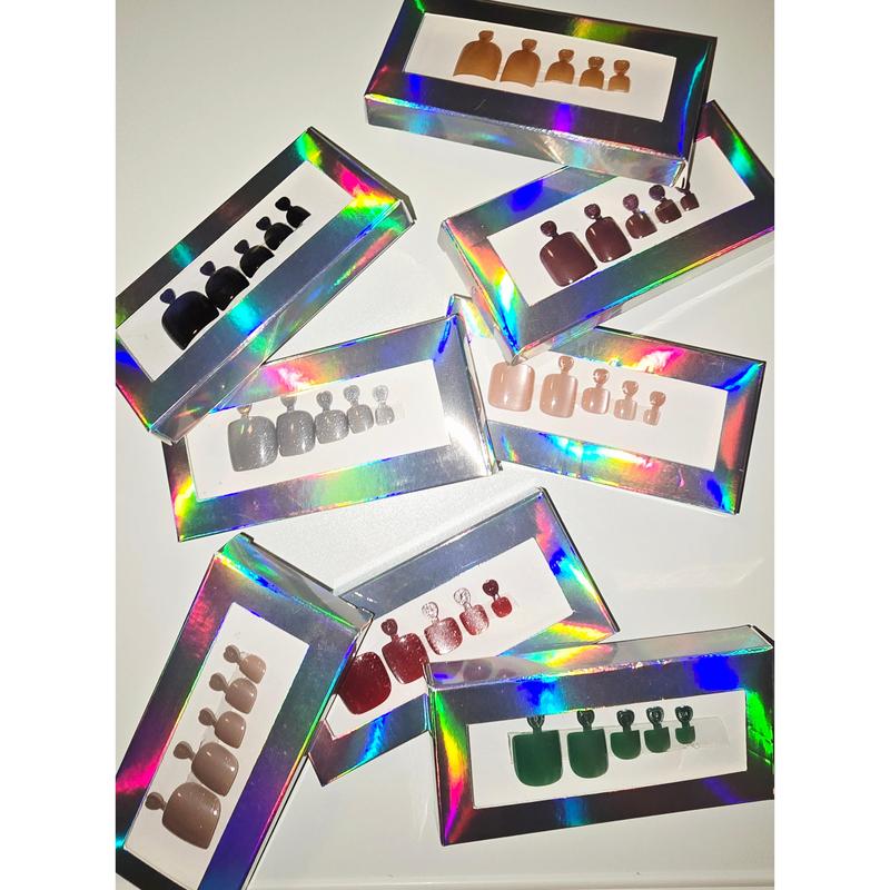 Glitter CatEyes Toe Nails Short Square Shape Pearlescent 8 Colors Non-Custom Press-ons with Prep Kit Green Burgundy Champaign Pink Grey Silver Black Purple Light Cream Pink