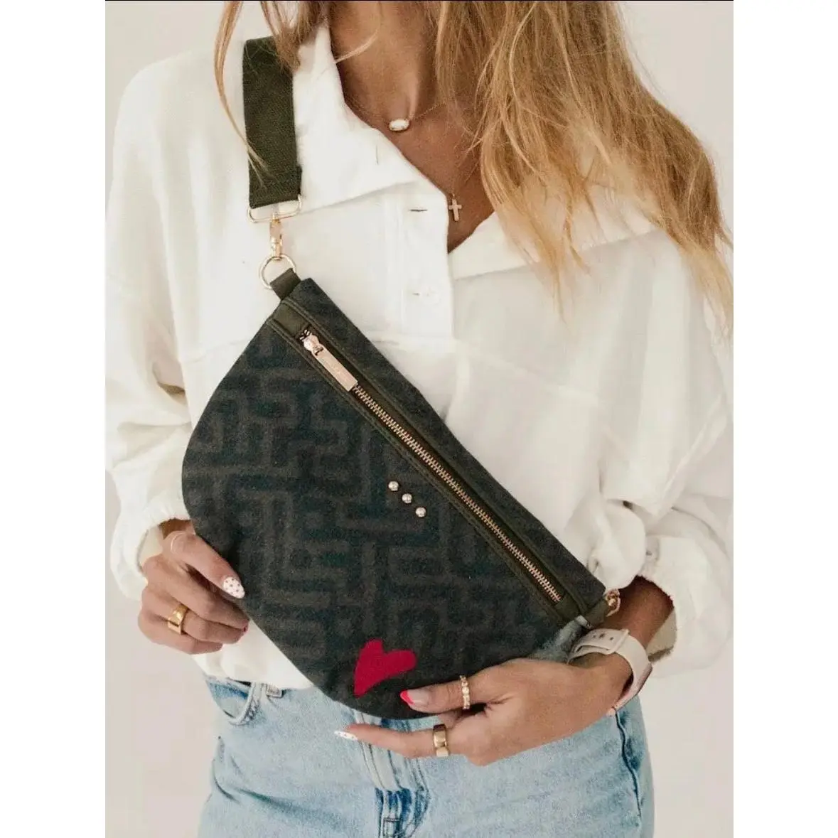 The Colby Canvas Printed Bum Bag Olive/Black Geometric