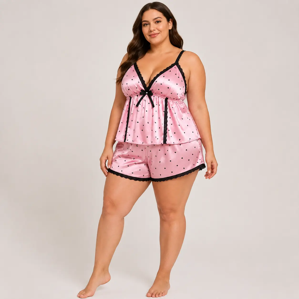 Women’s Plus Size Pink Satin Heart Print Cami Pajama Set with Lace-Trim Shorts Fabric Loungewear