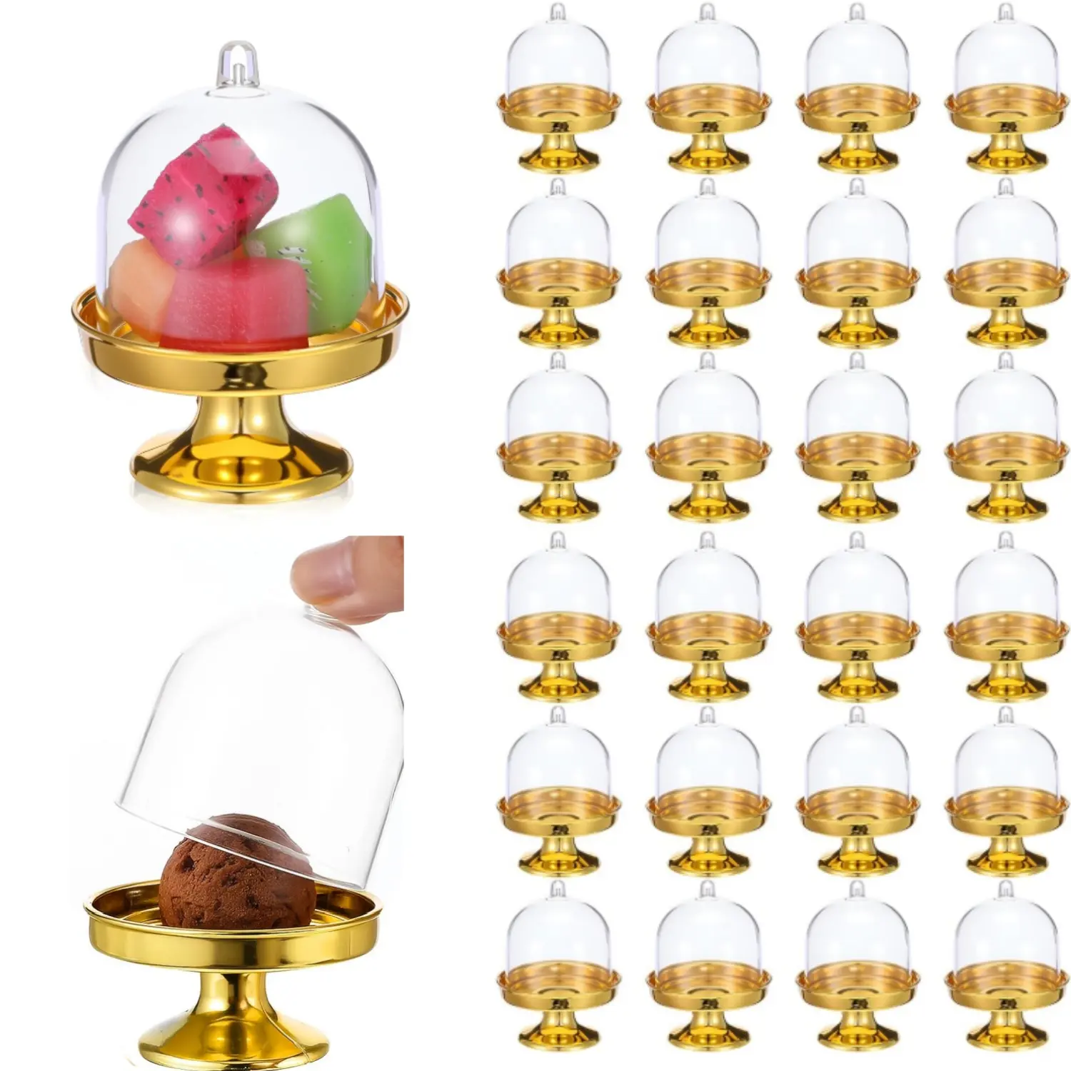 24Pcs Plastic Mini Cake Stand with Dome Lid Cover Clear Small Cupcake Display Holder Crystal Pedestal Stand Chocolate Candy Dessert Containers for Wedding Birthday Party (Gold, Transparent) - Home Improvement.