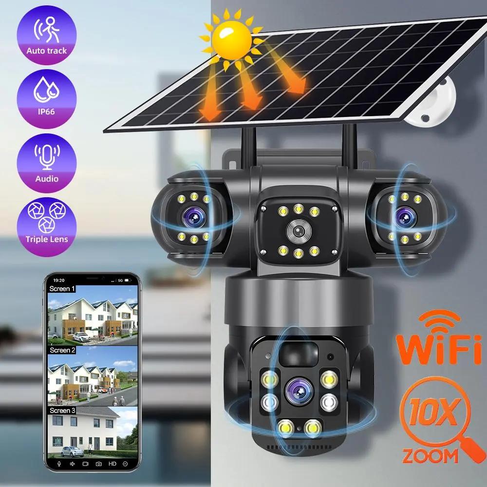 【BackToSchool】9MP Triple Lens Solar Security Camera Outdoor, WiFi PTZ 355° Pan 90° Tilt, PIR Motion Detection, Color Night Vision, Two-Way Audio, 8000mAh Battery, V380 App, IP66 Waterproof