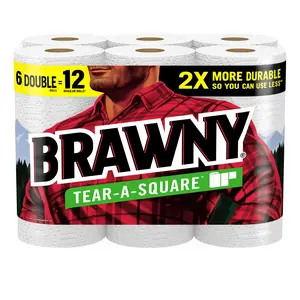Brawny Tear-A-Square Paper Towels, 6 Double Rolls = 12 Regular Rolls, 3 Sheet Sizes (Quarter, Half, Full), Strength for All Messes, Cleanups, and Meal Prep